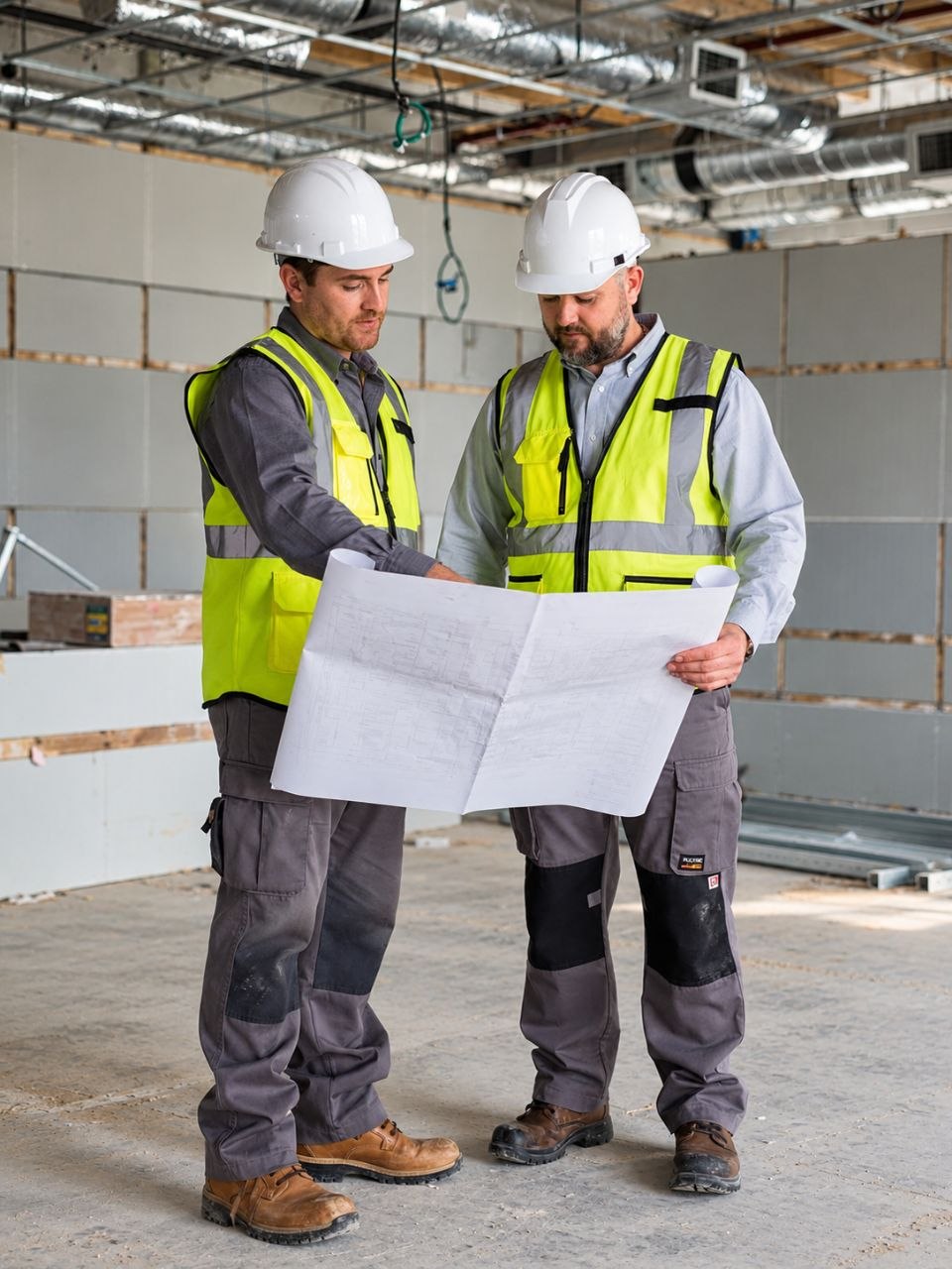 Two people in hard hats and hi-vis on a stripped floor, going through the plan between them before the work starts