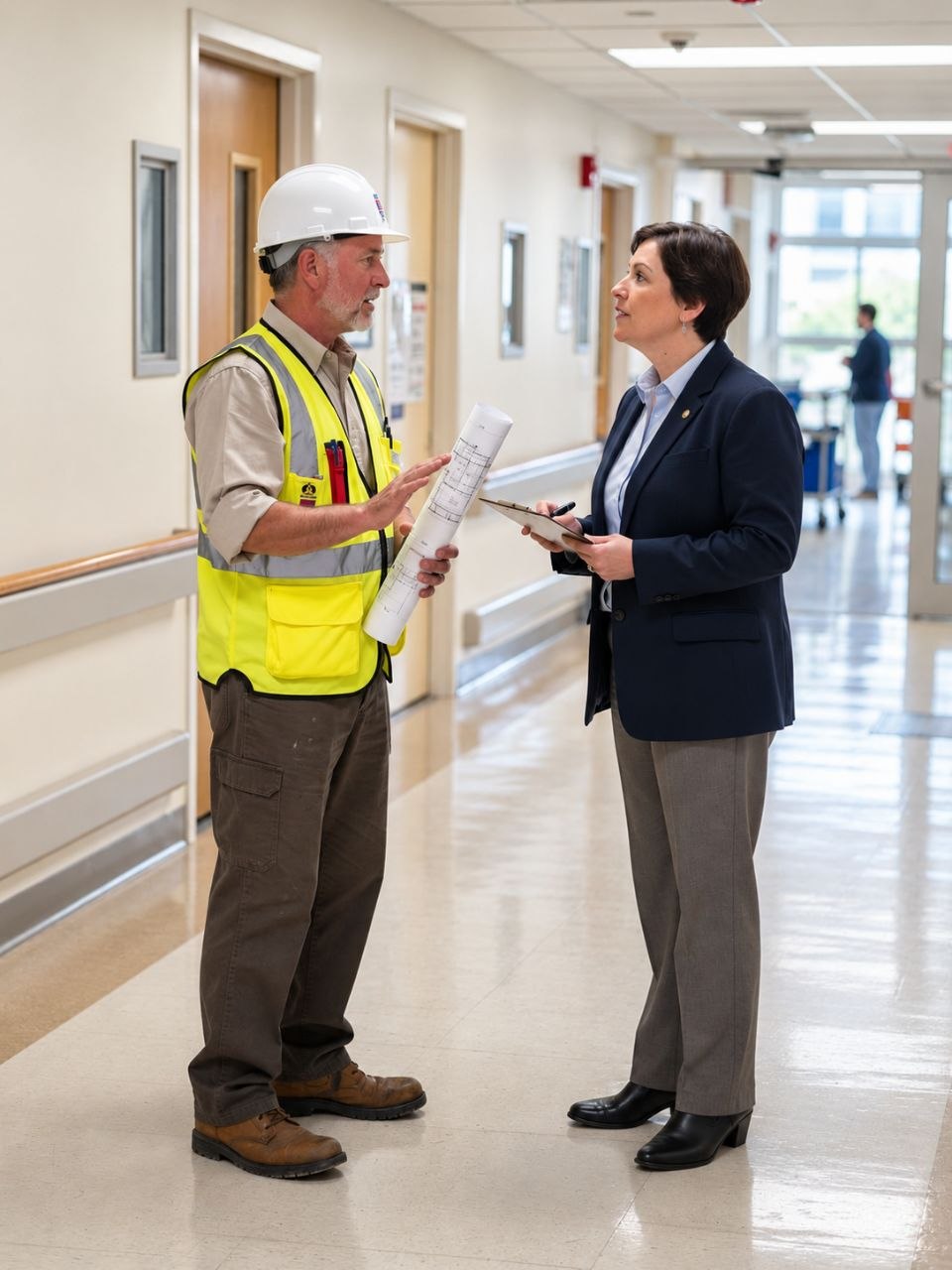 A superintendent with rolled drawings talking to a facilities manager in a corridor that is still in service