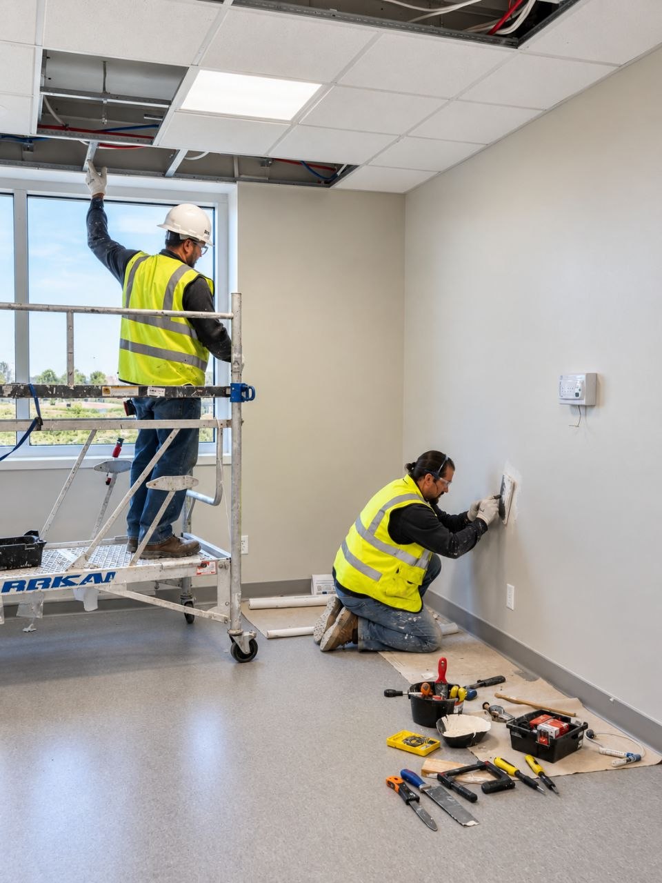 Two crew members finishing a room: one setting a ceiling tile from a rolling scaffold, one taping a wall seam
