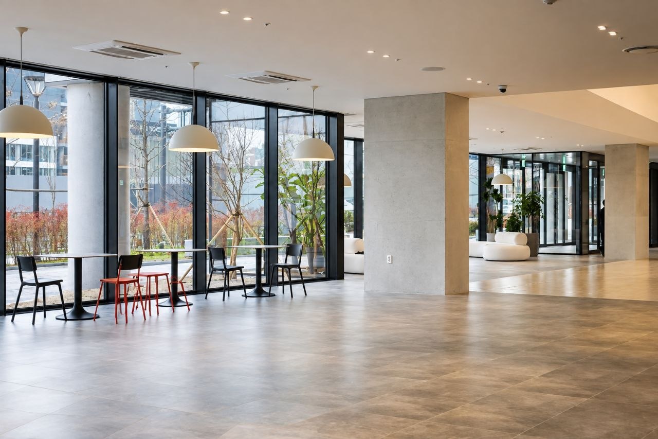 Ground floor of a commercial building: full-height glazing, cast columns, pendant lighting, large-format tile floor