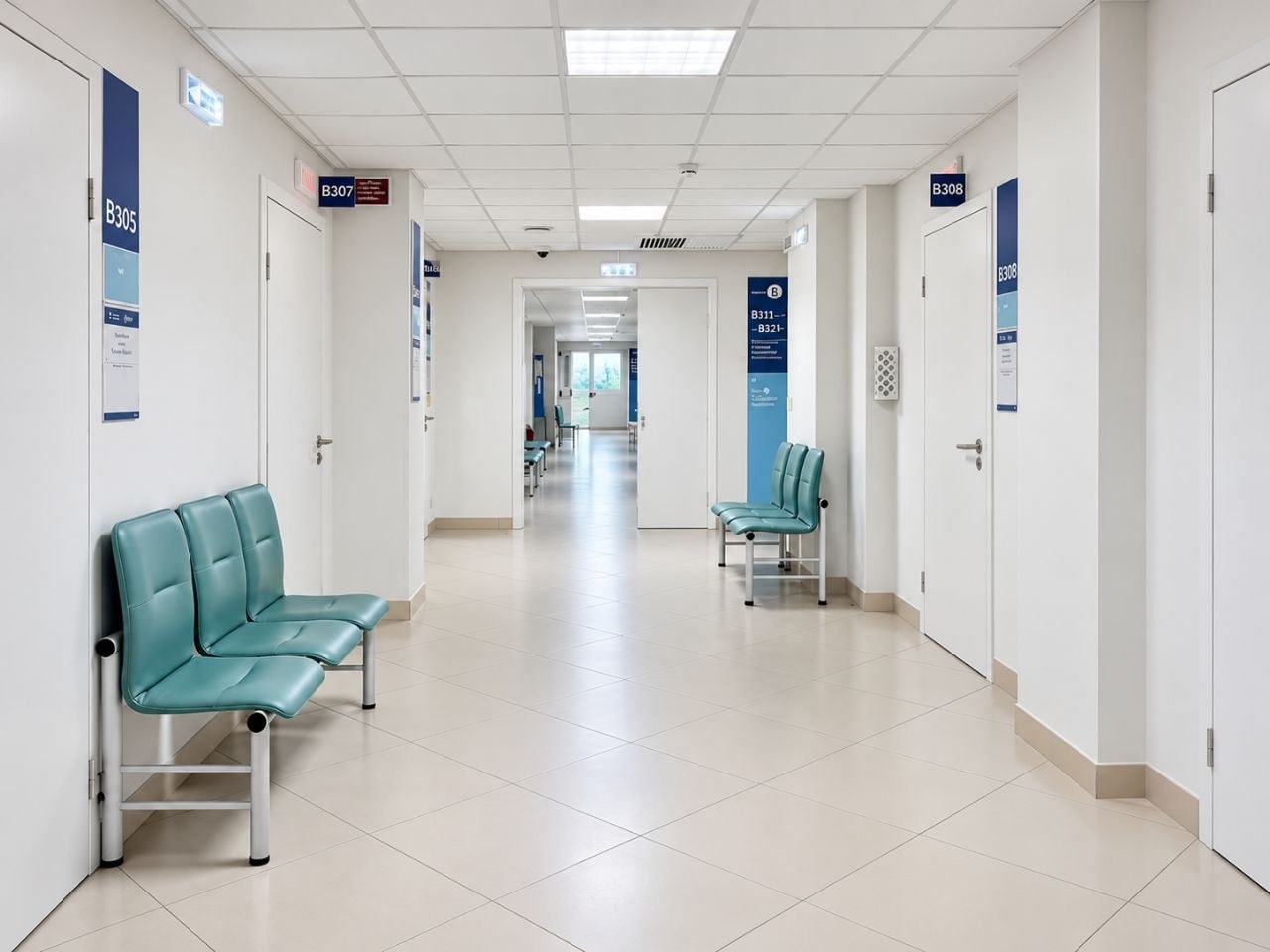Clinic corridor: seating bays, room signage and doors down both sides, daylight at the far end